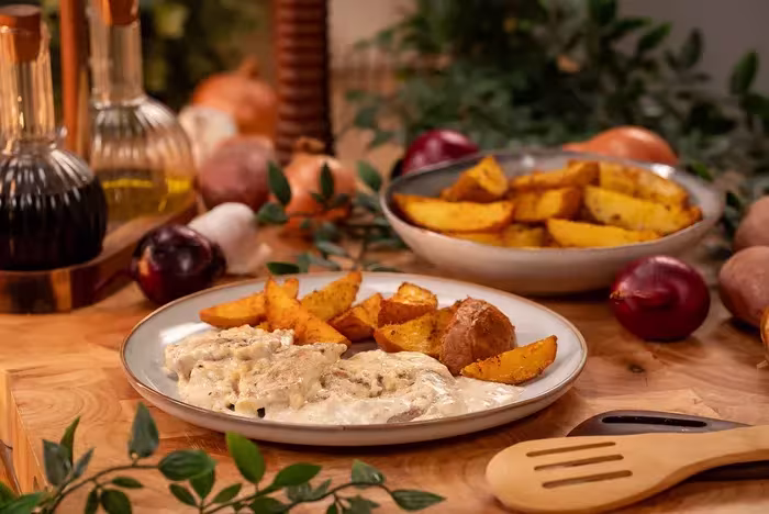 Sertésszűz fokhagymás mártással, tepsiben sült burgonyával | Mindmegette.hu